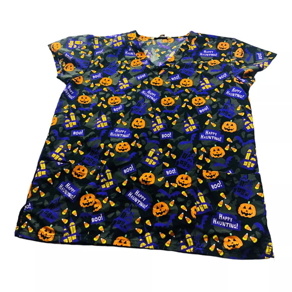 Lot of 2 Womens Halloween Scrubs Top Pumpkin Candy Corn Allover Print Small - Picture 2 of 9
